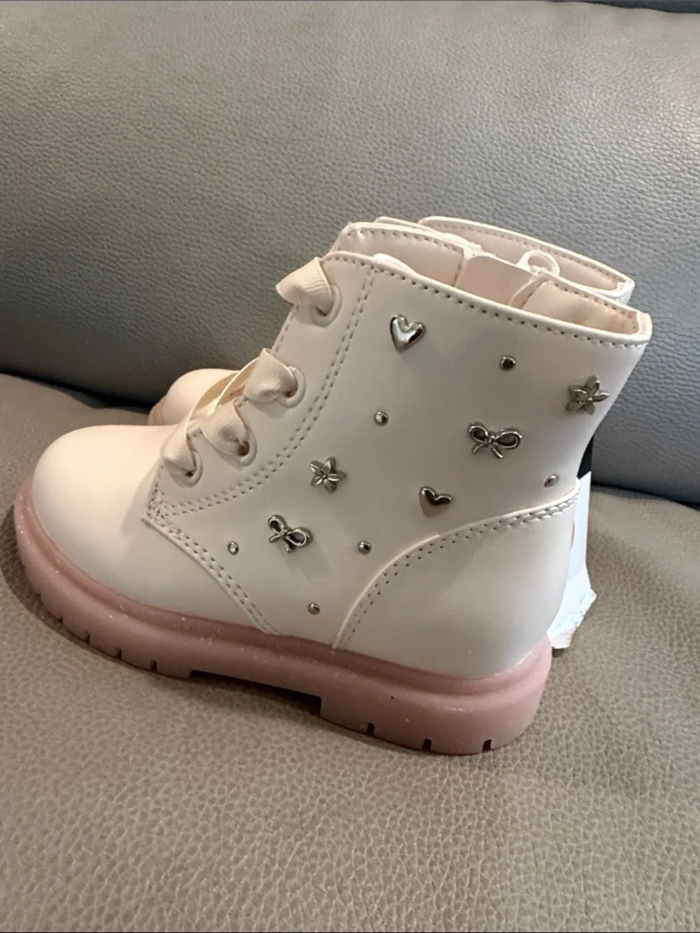 Kids Cream Ankle Boots with Pink Sole